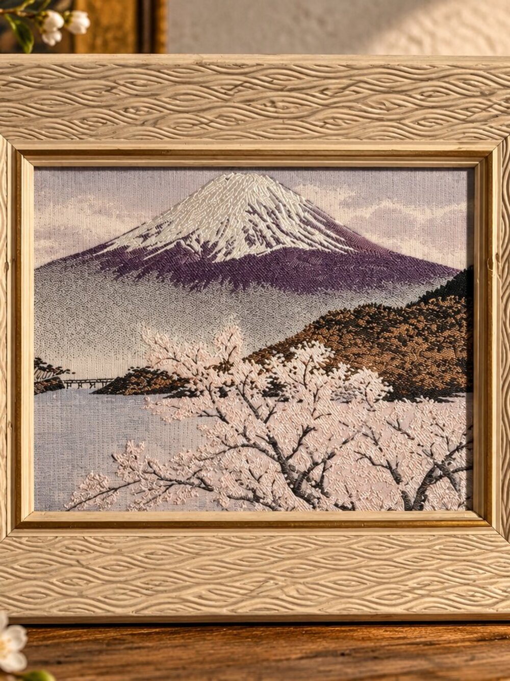 Vintage Japanese Mt. Fuji Embroidered Textile Art Framed Cherry Blossoms